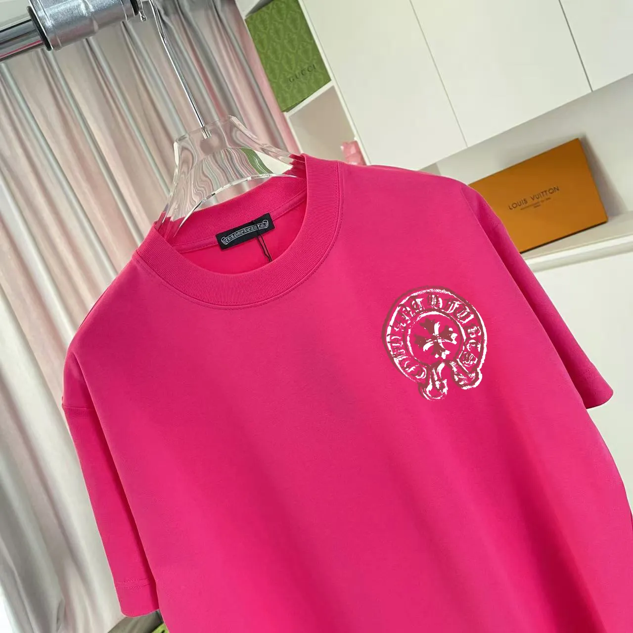 🅿️170 ch Cro* 2025 summer new style Sanskrit cross horseshoe print short-sleeved T-shirt customized fabric 300g same style for men and women Size: S M L XL XXL five sizes Color: black white rose red iron gray